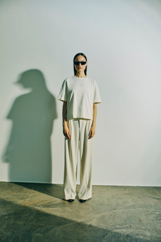 CMTAILOR - HØJTALJEDE BUKSER MED VIDDE I RÅHVID