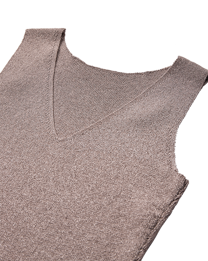 CMMETA - VENDBAR STRIKKET TOP MED METALLISK TRÅD I BEIGE