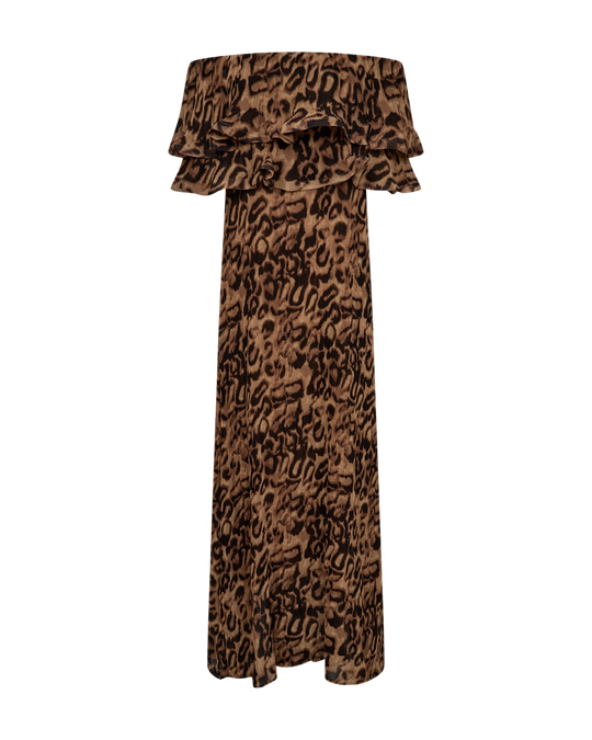CMKIRA - PLISSERET OFF-SHOULDER KJOLE I LEOPARD