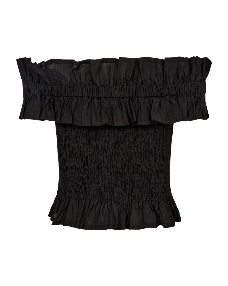 CMMOLLY - OFF-SHOULDER BLUSE MED FLÆSER I SORT