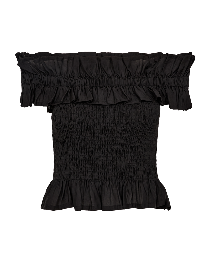 CMMOLLY - OFF-SHOULDER BLUSE MED FLÆSER I SORT