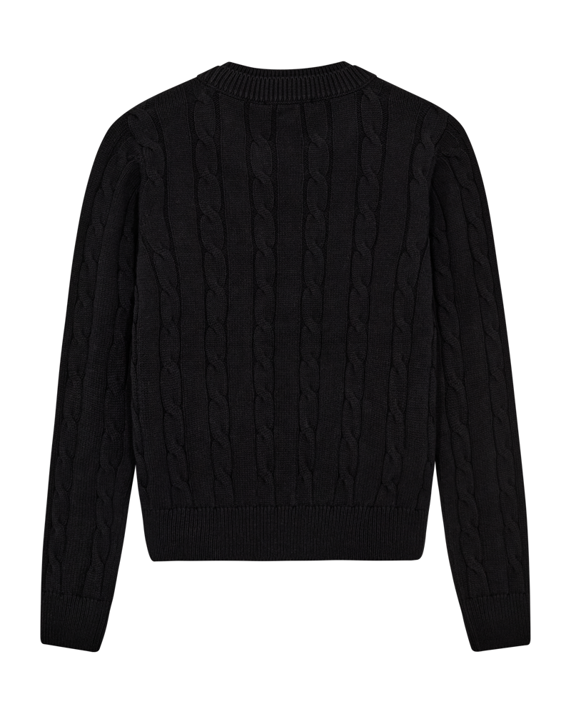 CMCOTTON - KABELSTRIKKET PULLOVER MED BRODERET LOGODETALJE I SORT