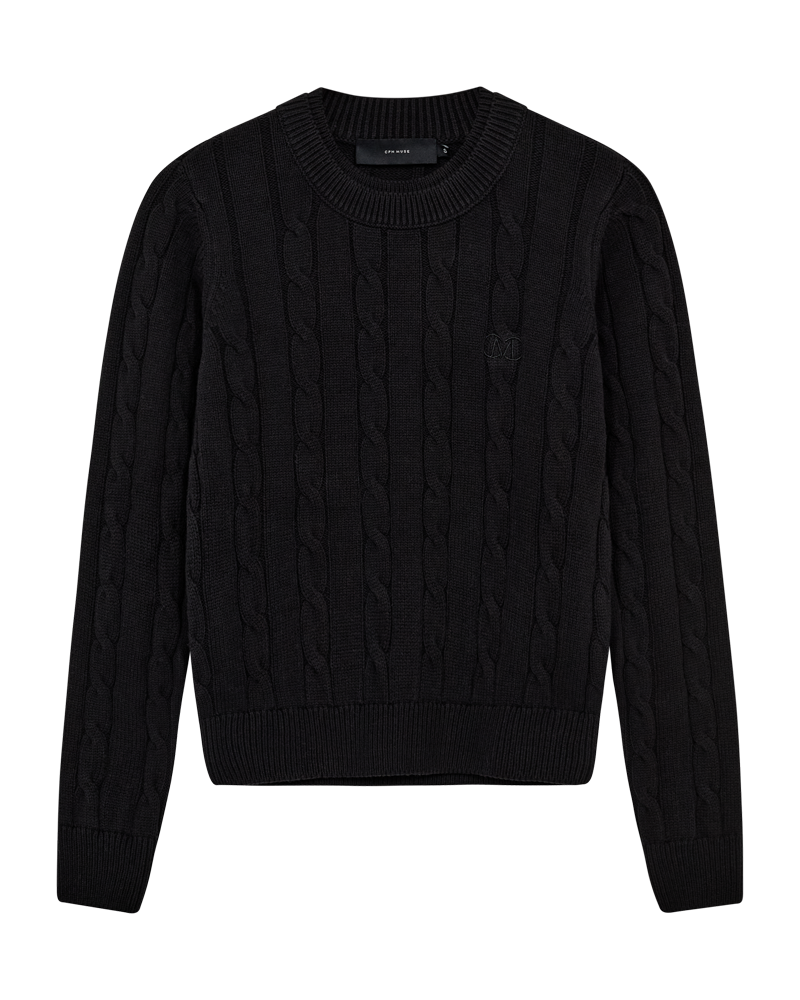 CMCOTTON - KABELSTRIKKET PULLOVER MED BRODERET LOGODETALJE I SORT