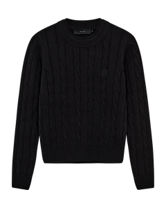CMCOTTON - KABELSTRIKKET PULLOVER MED BRODERET LOGODETALJE I SORT