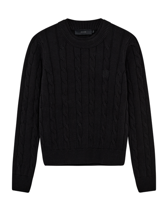 CMKOTOM - KABELSTRIKKET PULLOVER MED BRODERET LOGODETALJE I SORT