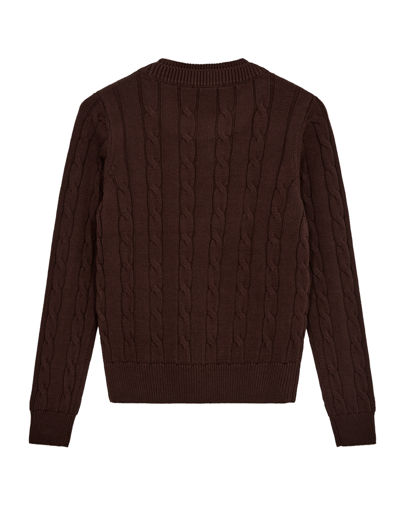 CMKOTOM - KABELSTRIKKET PULLOVER MED BRODERET LOGODETALJE I BRUN