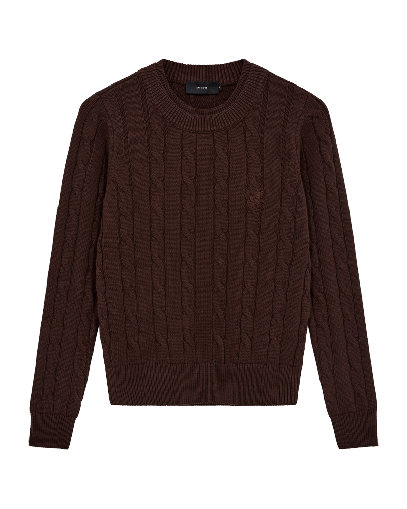 CMKOTOM - KABELSTRIKKET PULLOVER MED BRODERET LOGODETALJE I BRUN