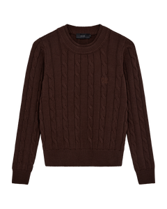 CMKOTOM - KABELSTRIKKET PULLOVER MED BRODERET LOGODETALJE I BRUN