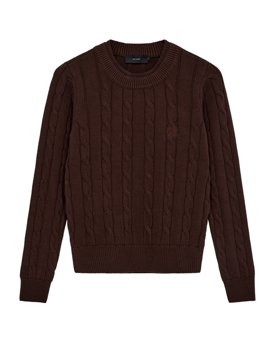 CMKOTOM - KABELSTRIKKET PULLOVER MED BRODERET LOGODETALJE I BRUN