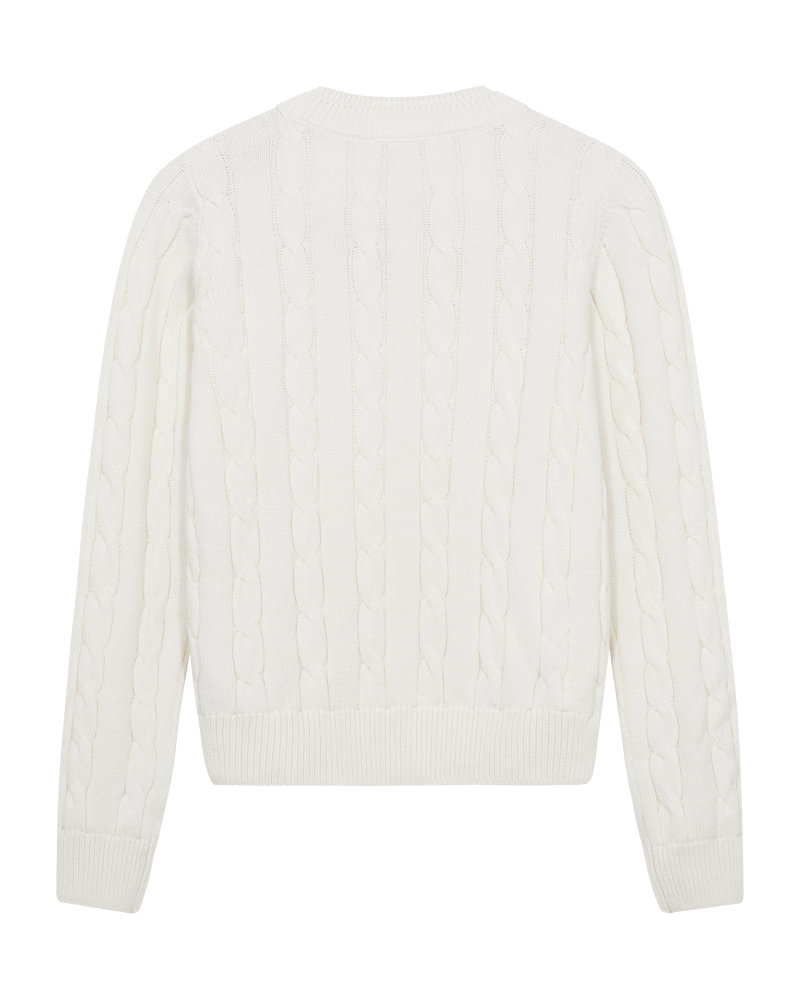 CMKOTOM - KABELSTRIKKET PULLOVER MED BRODERET LOGODETALJE I RÅHVID
