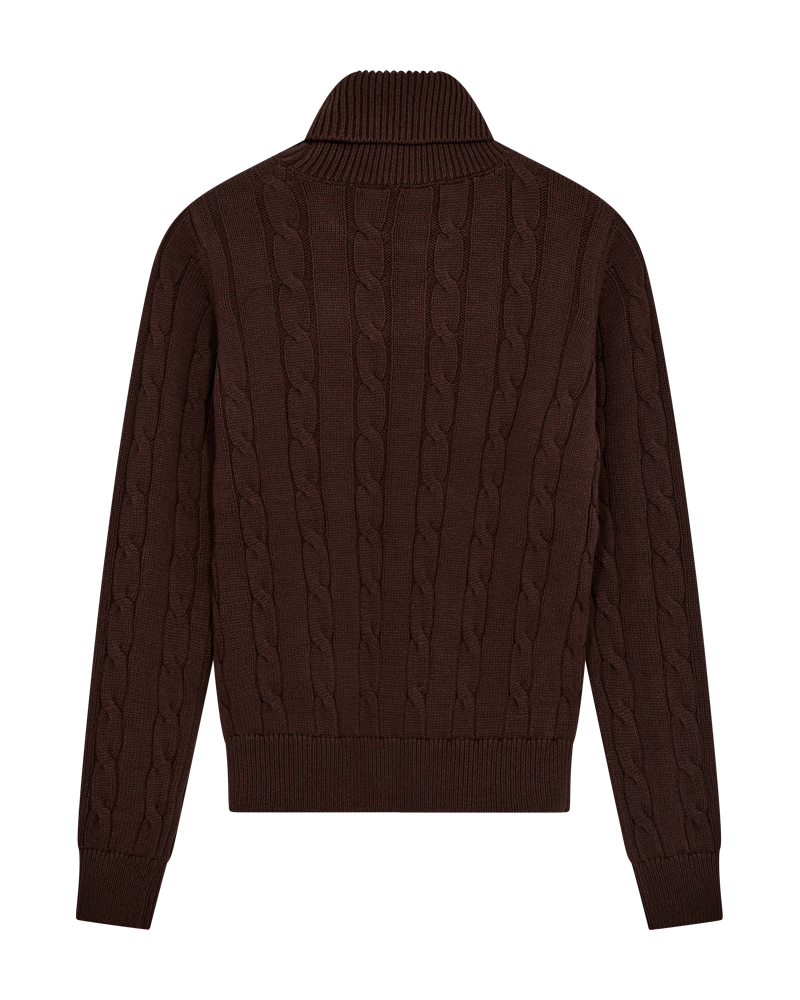 CMKOTOM - KABELSTRIKKET PULLOVER MED BRODERET LOGODETALJE I BRUN