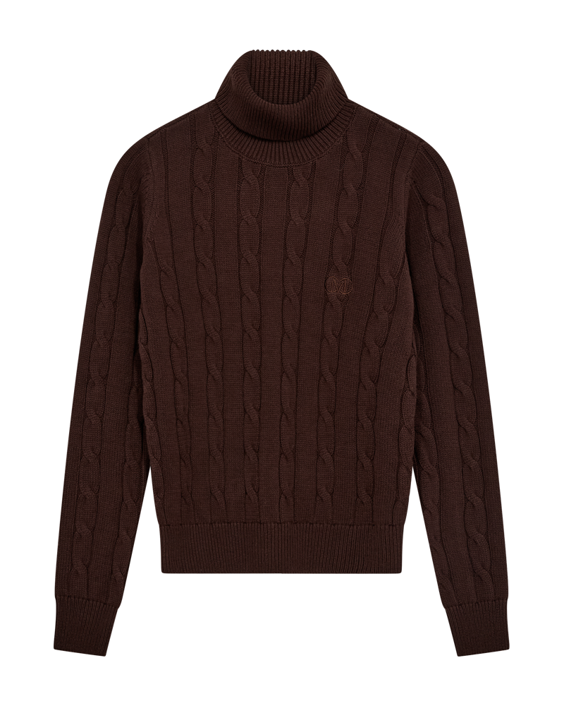 CMKOTOM - KABELSTRIKKET PULLOVER MED BRODERET LOGODETALJE I BRUN