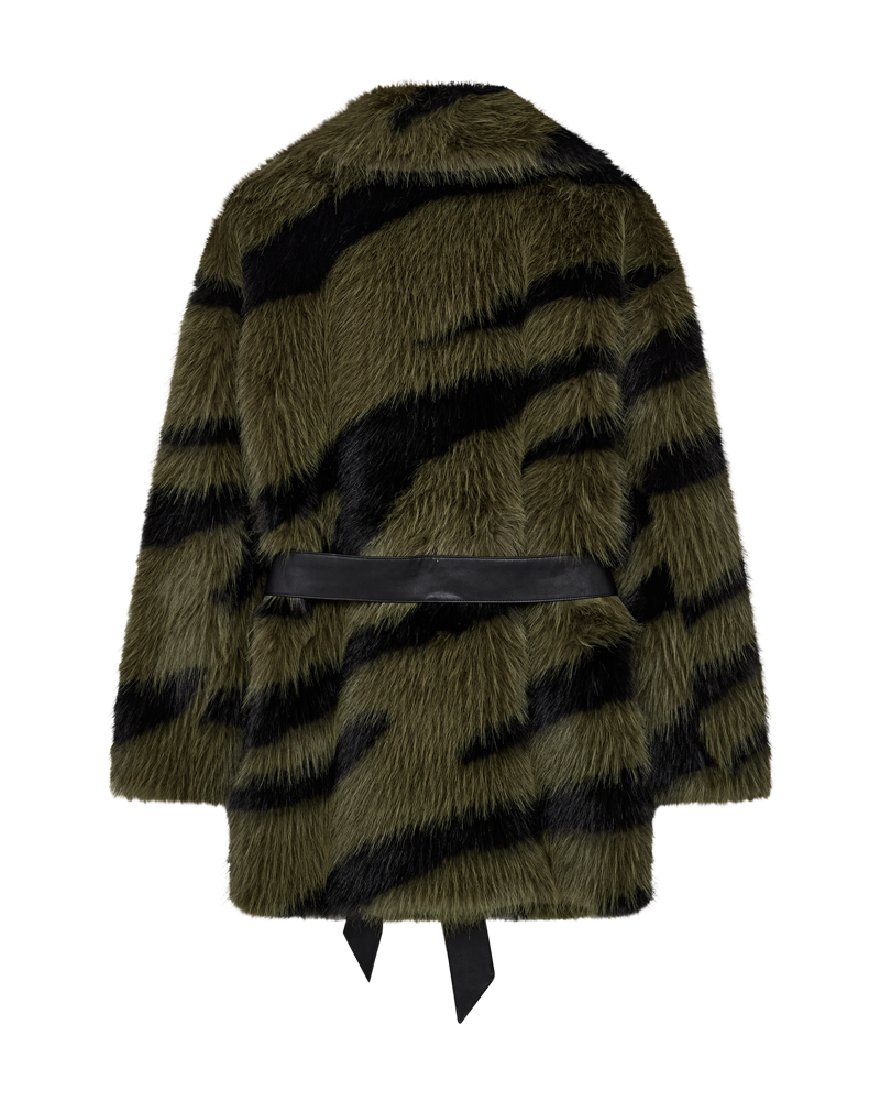 CMPLUSHY - FAUX FUR JAKKE I MØRKEGRØN OG SORT