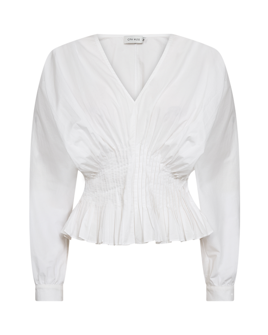 CMPOPLIN - BLUSE MED PLISSERINGER I HVID